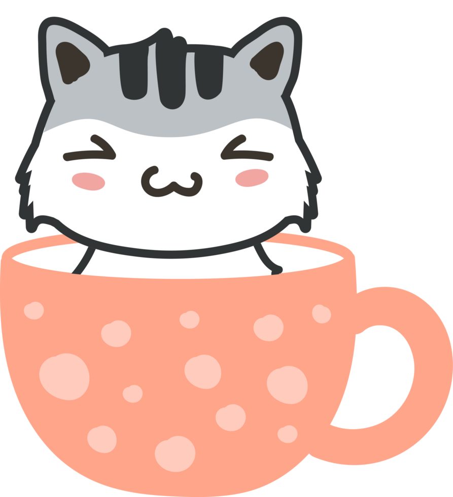 Cat on teacup cartoon character crop-out png