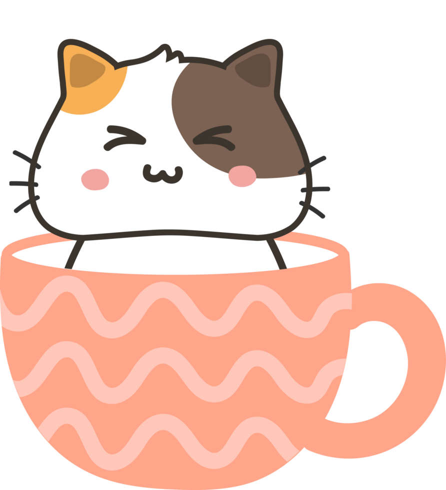 Cat on teacup cartoon character crop-out png
