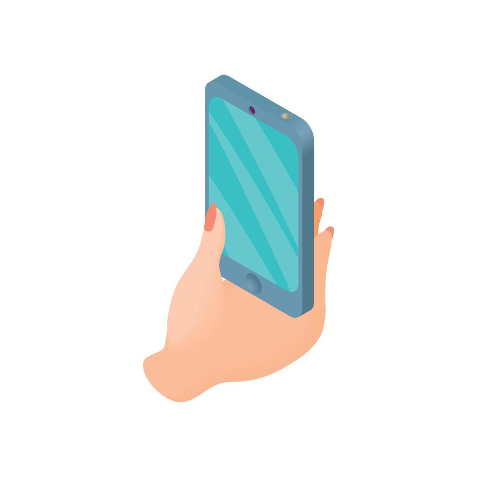 Female hand holding cell phone icon, cartoon style vector