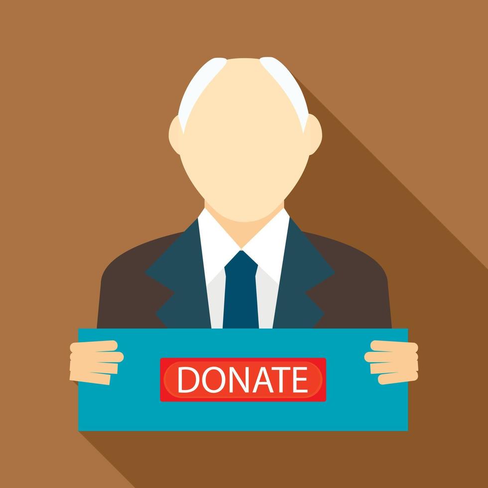 Man with a sign to donate icon, flat style vector