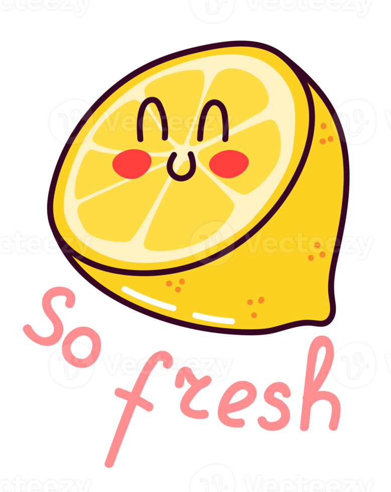 Lemon sticker. Cute doodle with text. Sticker with white contour for planner, scrapbooking. Hand drawn colorful illustration isolated on transparent background. png