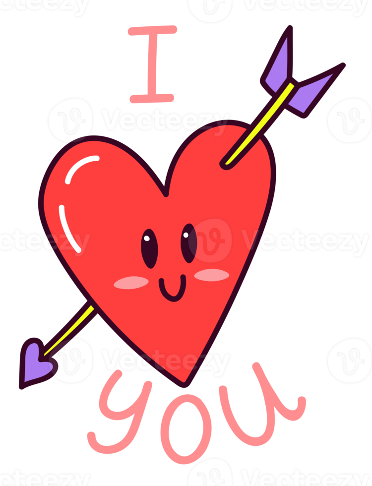 I love you sticker. Cute doodle heart shape. Sticker with white contour for planner, scrapbooking. Hand drawn colorful illustration isolated on transparent background. png
