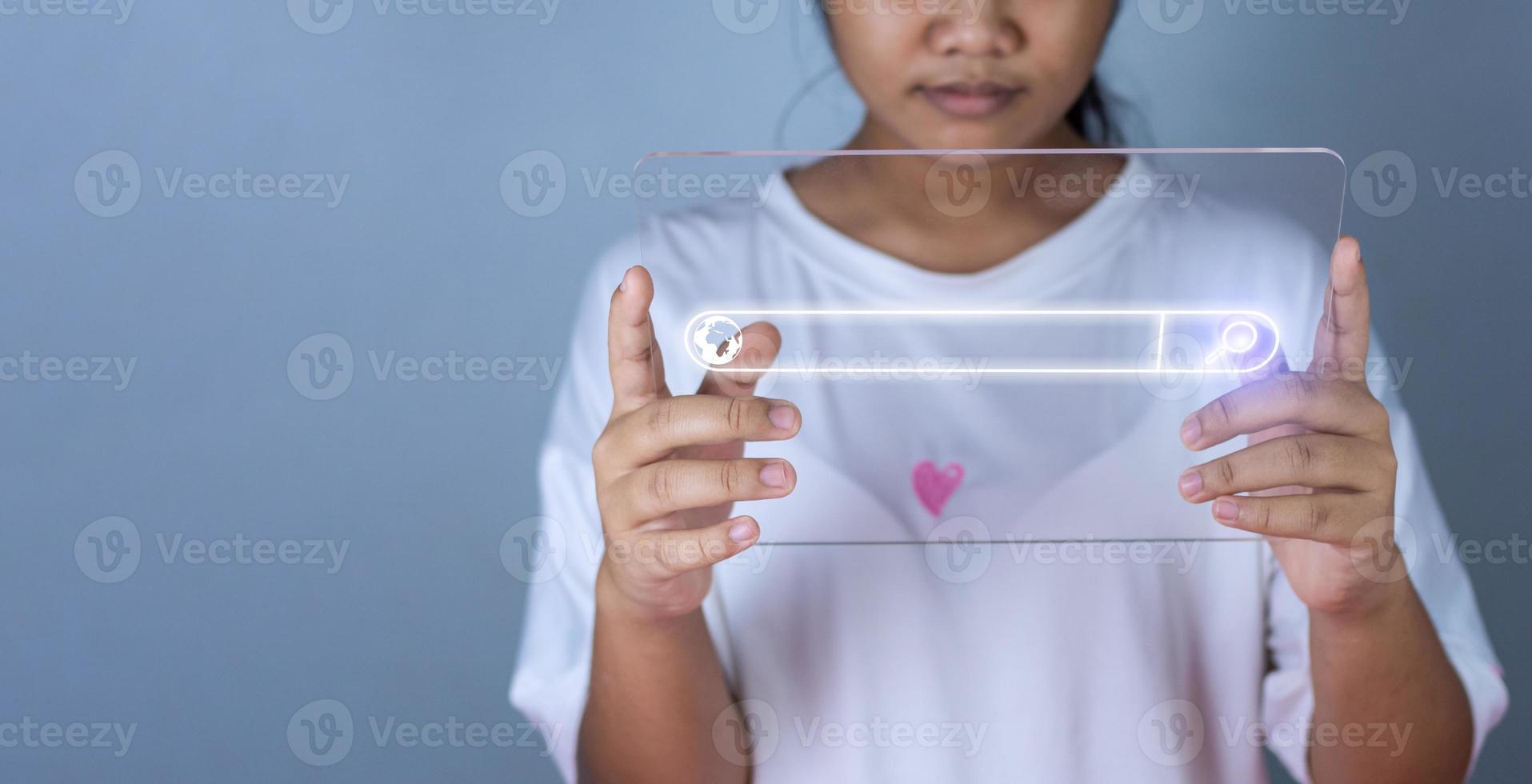 The concept of searching for information from the phone's network. with the tablet placed on the lid of the person's hand. photo