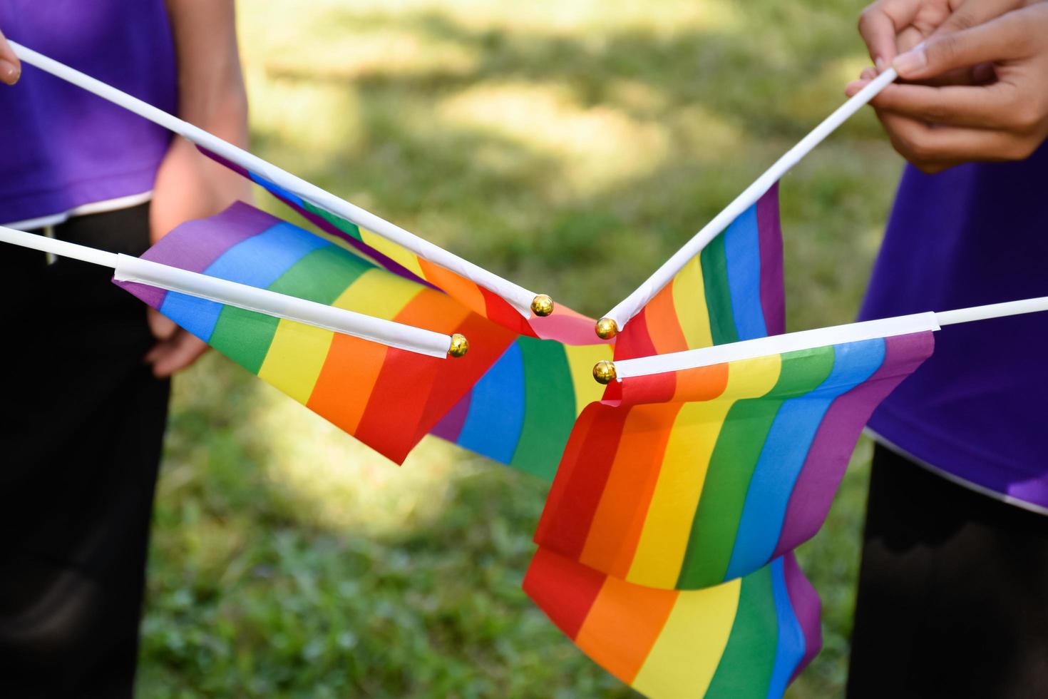 Rainbow flags, LGBT symbol, holding in hands, concept for LGBT community celebration in pride month, June, 2023, around the world. photo