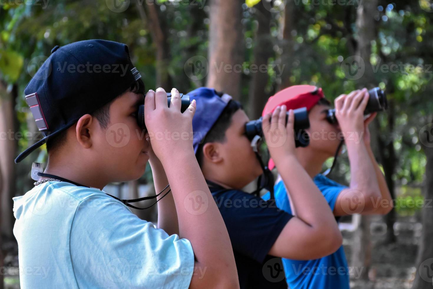 Portrait Asian boys using binoculars to watch birds in tropical forest with his friends, idea for learning creatures and wildlife animals outside the classroom, soft focus. photo