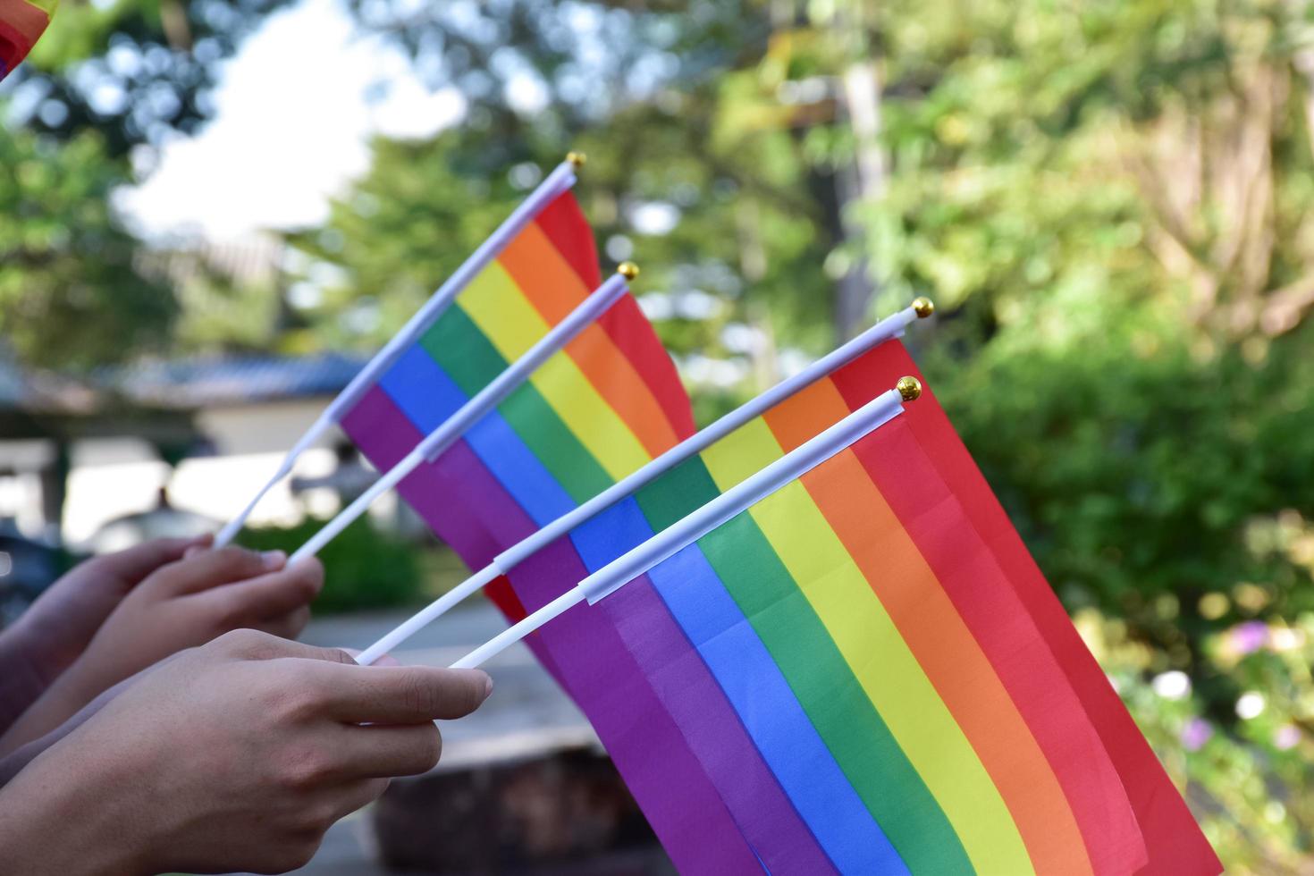 Rainbow flags, LGBT symbol, holding in hands, concept for LGBT community celebration in pride month, June, 2023, around the world. photo