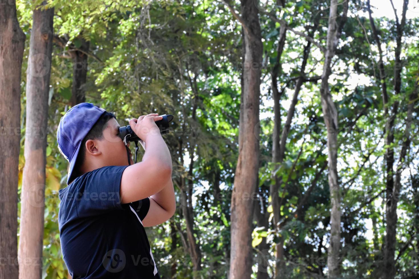 Portrait Asian boys using binoculars to watch birds in tropical forest with his friends, idea for learning creatures and wildlife animals outside the classroom, soft focus. photo