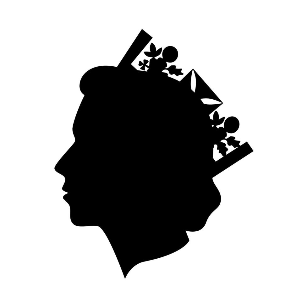 Queen Elizabeth. Woman side view head. Lady in crown black silhouette. Monarch simple minimalistic portrait. Vector illustration.