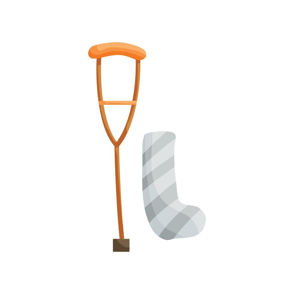 Crutch and plaster bandage icon, cartoon style vector