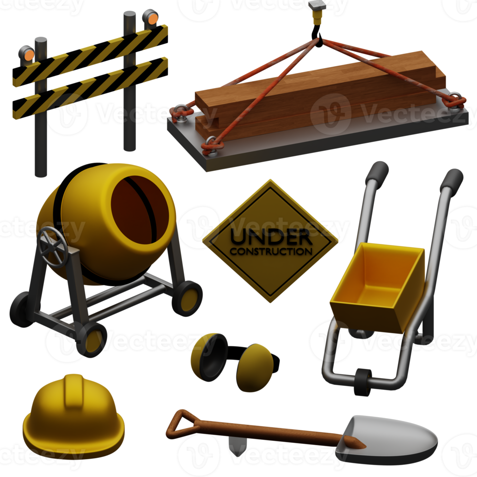 3d rendered construction set includes shovel, helmet, crane, under construction sign, cement mixer, etc perfect for design project png