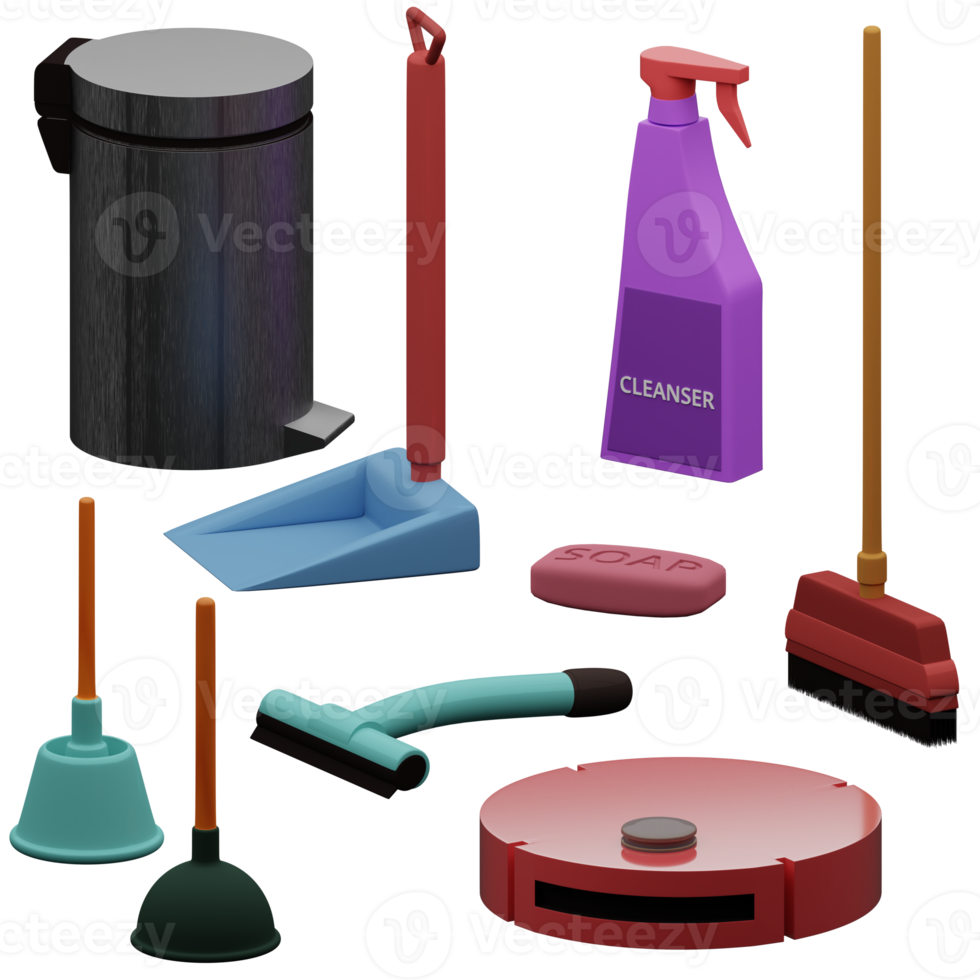 3d rendered home cleaning set includes broom, vacuum cleaner, trash bin, soap, dust bin, etc perfect for design project png