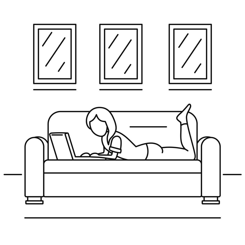 Woman freelancer sofa concept background, outline style vector