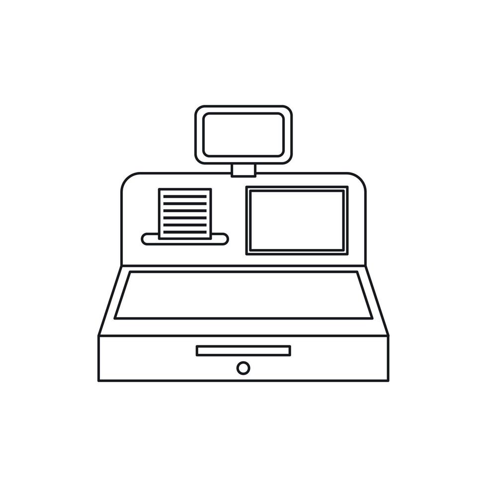 Cash register with cash drawer icon, outline style vector