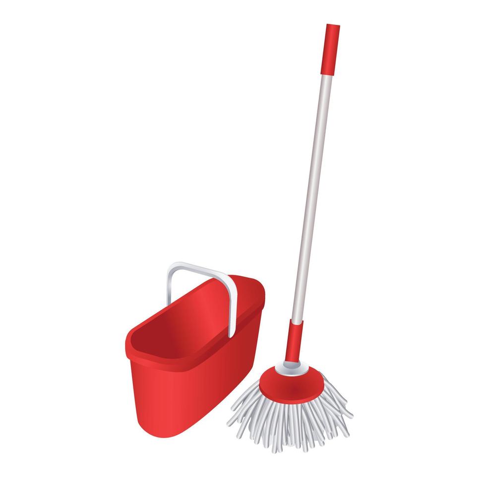 Brush mop plastic bucket icon, cartoon style vector