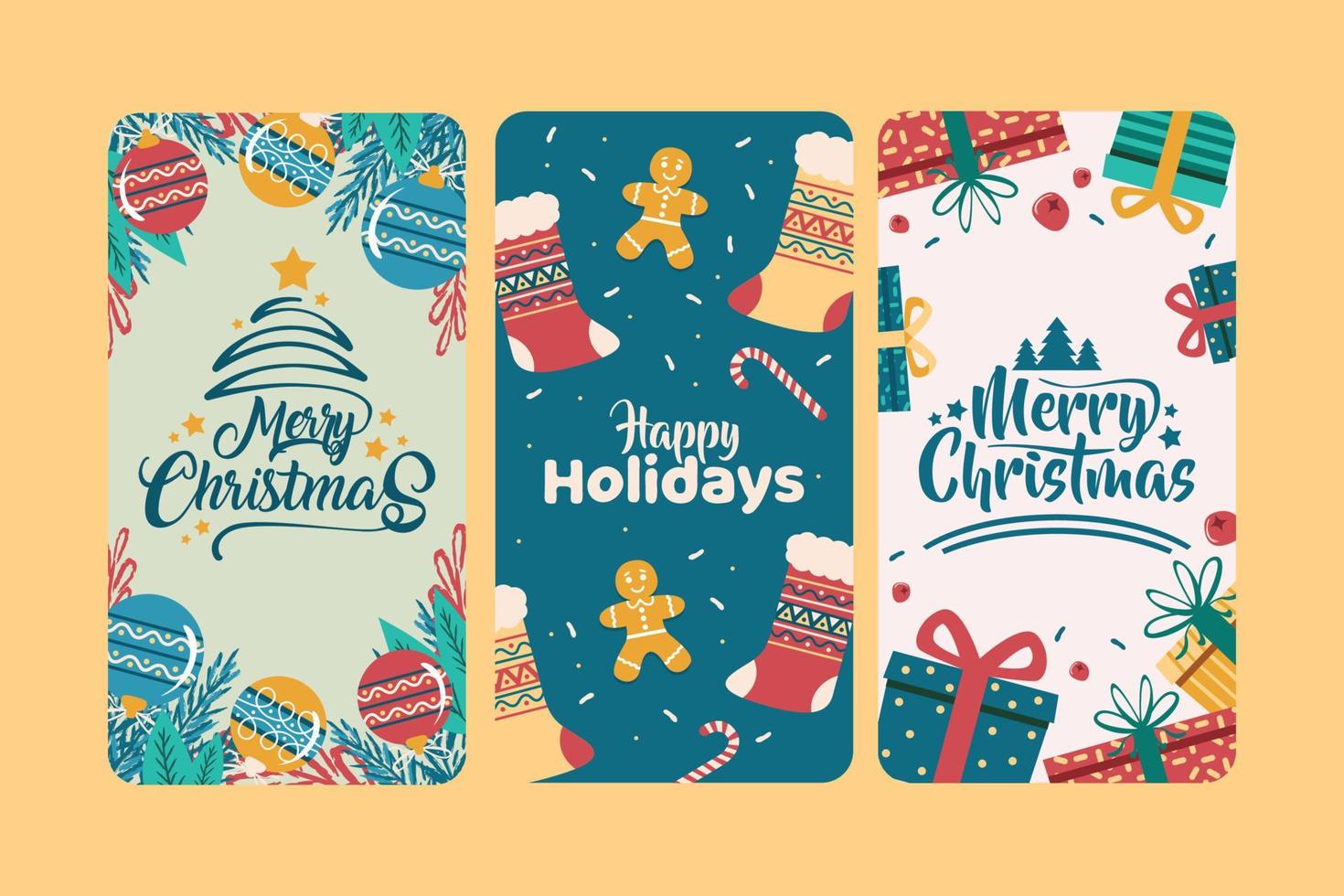 Typography Set of Christmas and Happy New Year Floral Card templates. Trendy retro style. Vector design element.