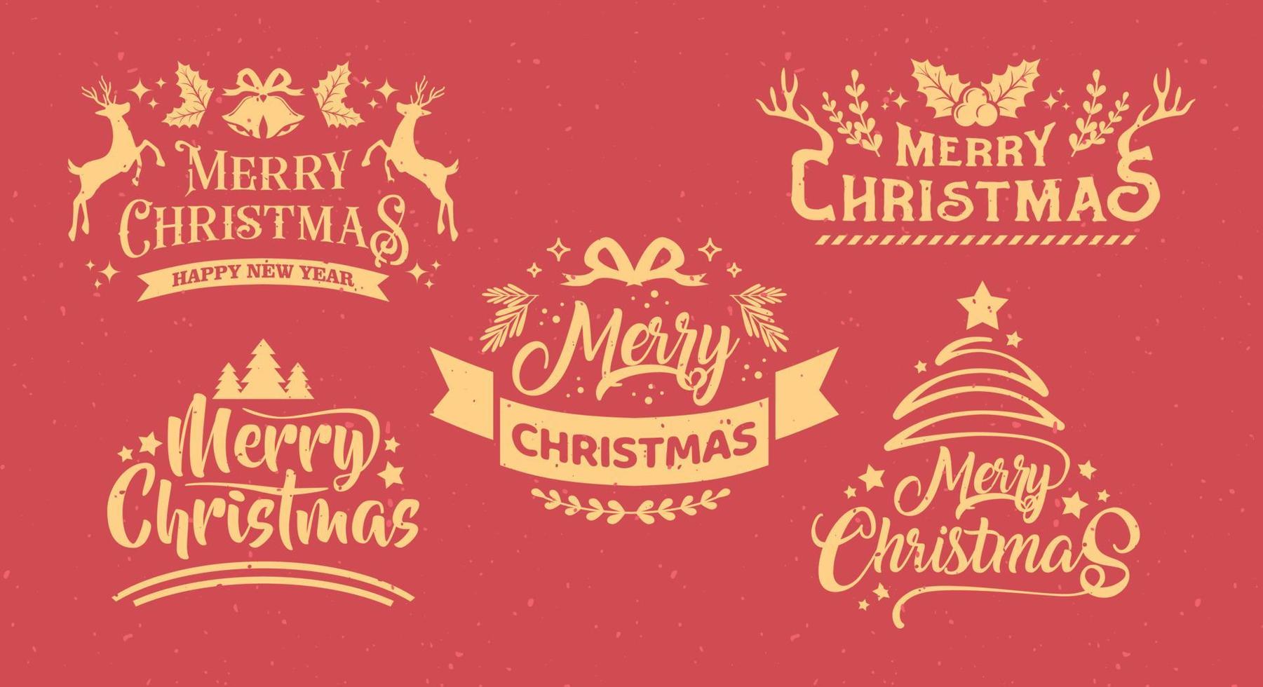 Typography Set of Christmas and Happy New Year Floral Card templates. Trendy retro style. Vector design element.