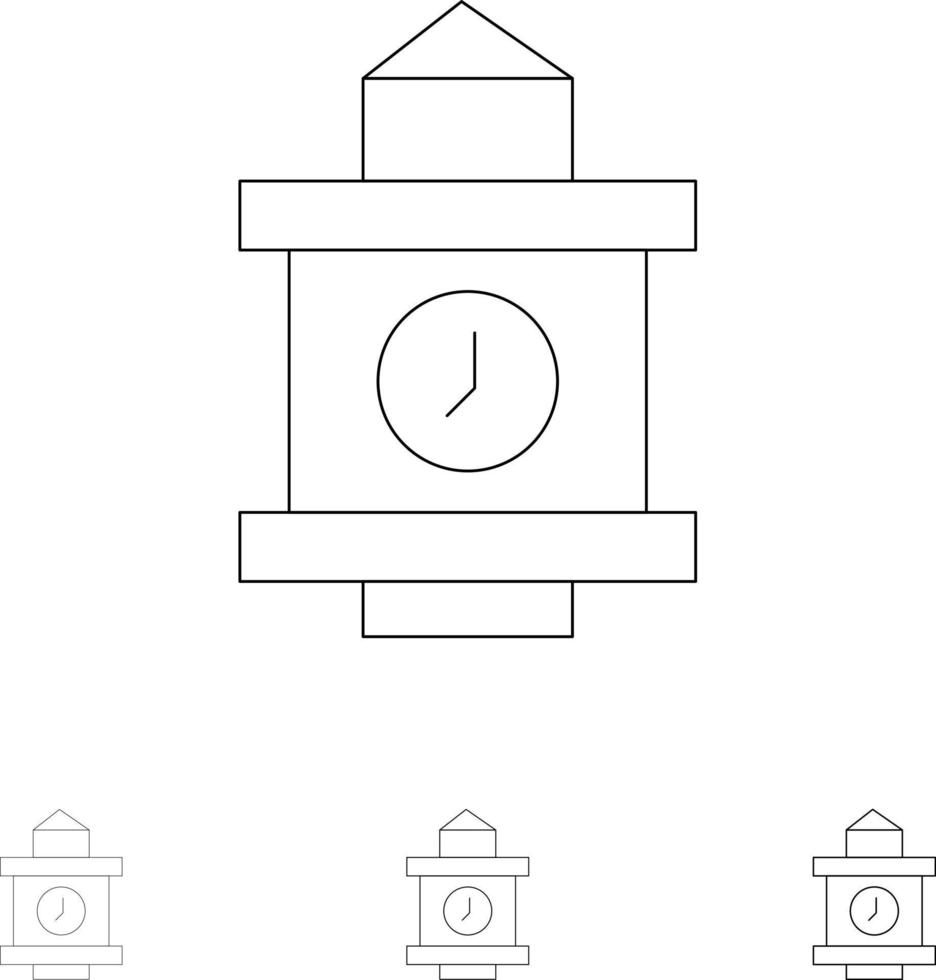 Train Time Station Bold and thin black line icon set vector