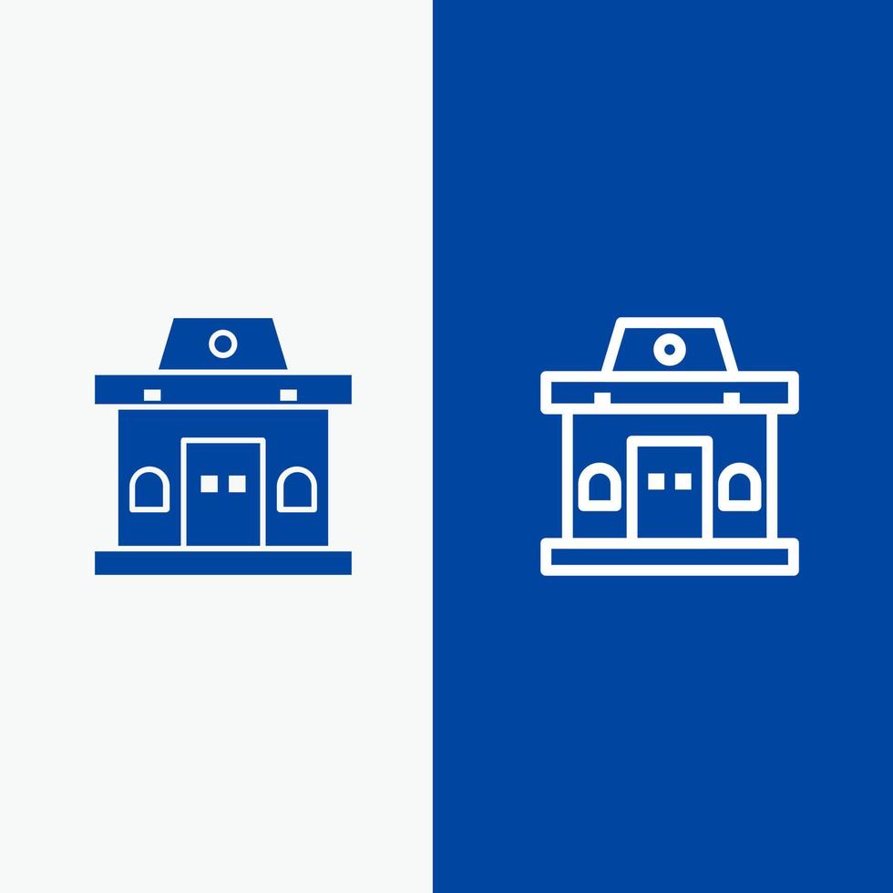 billete de oficina de edificio línea urbana y glifo icono sólido línea de bandera azul y glifo icono sólido bandera azul vector