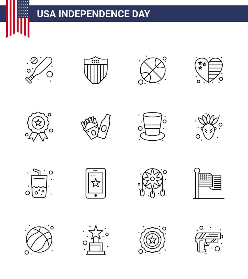 Group of 16 Lines Set for Independence day of United States of America such as independence day holiday ball usa country Editable USA Day Vector Design Elements