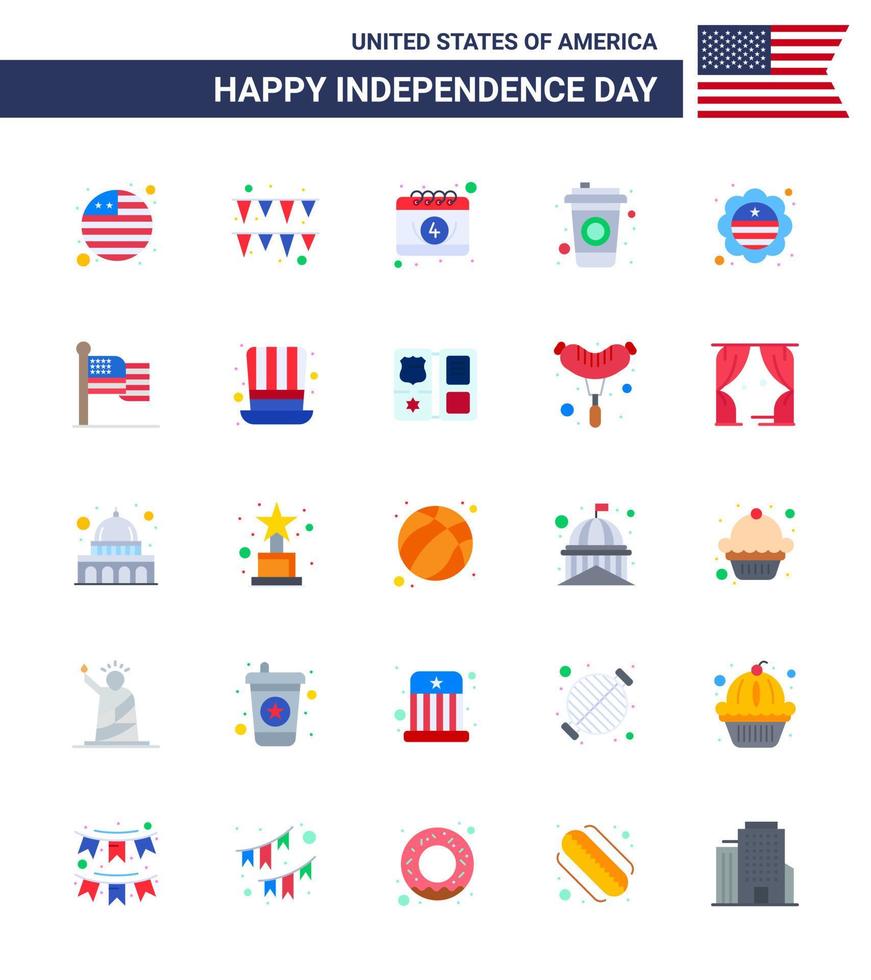 Flat Pack of 25 USA Independence Day Symbols of american international flag date flag drink Editable USA Day Vector Design Elements