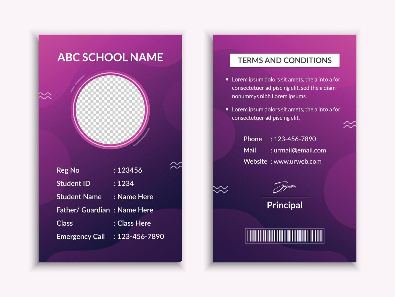 School id card template and vatical college student identity card design layout vector