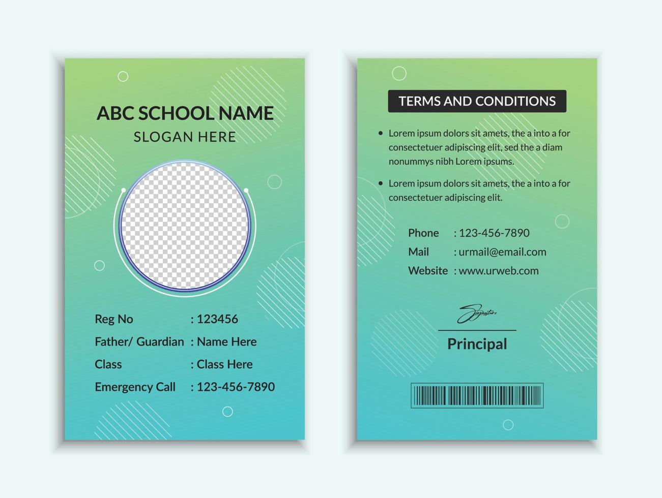 School id card template and vatical college student identity card design layout vector