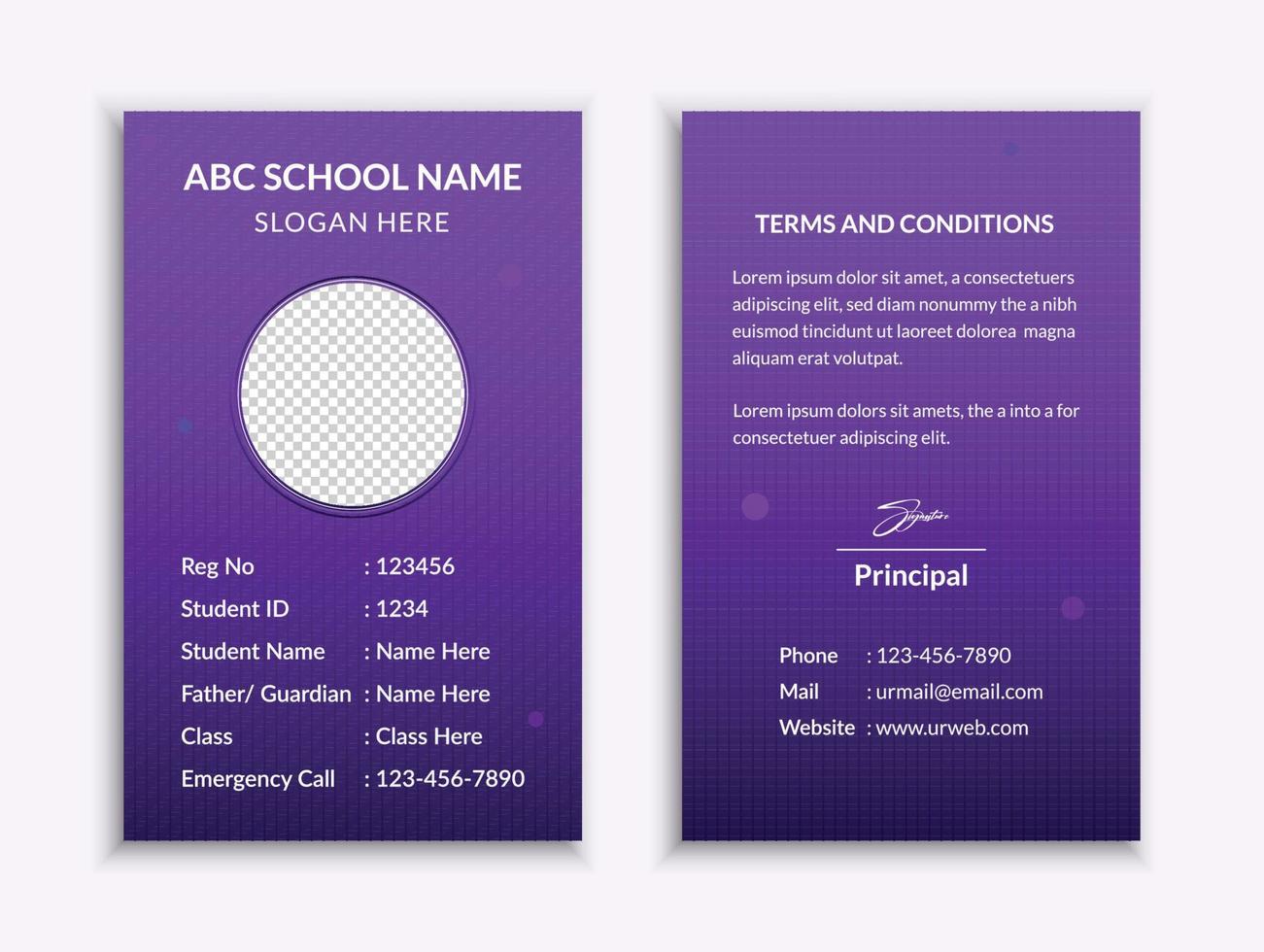 School id card template and vatical college student identity card design layout vector