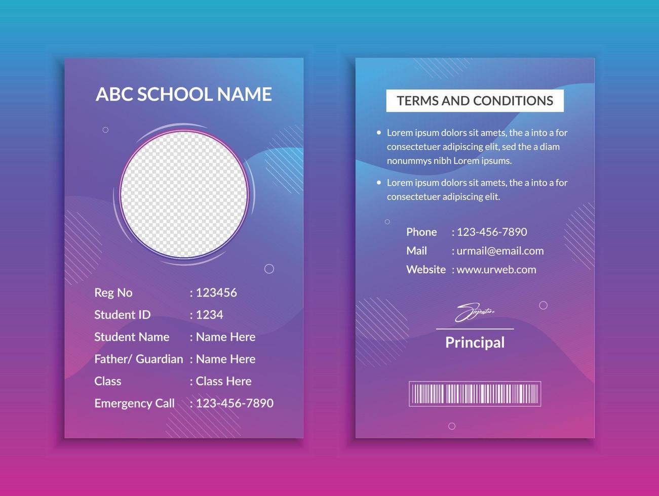 School id card template and vatical college student identity card design layout vector