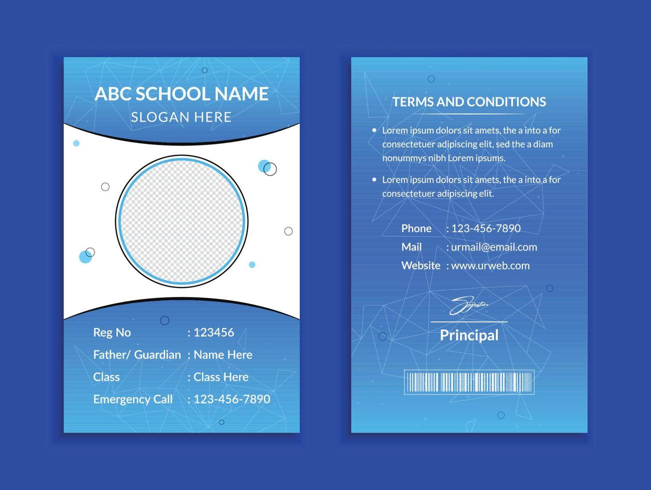 plantilla de tarjeta de identificación escolar y diseño de tarjeta de identidad de estudiante universitario vatical vector