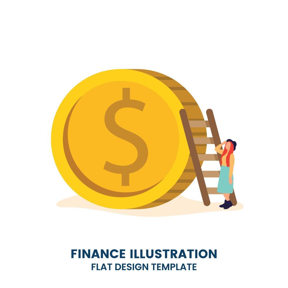 personaje femenino de pie en la escalera tirando monedas, concepto de dinero de visión. ilustración vectorial en un estilo plano vector