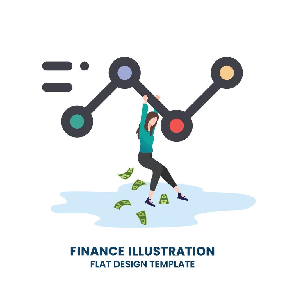 Businessman hang on a line graph which is loss the money. Vector, illustration, flat vector
