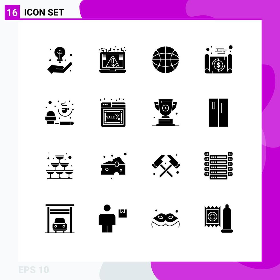 Mobile Interface Solid Glyph Set of 16 Pictograms of coffee money security economy banking Editable Vector Design Elements