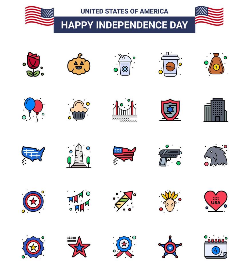 Happy Independence Day Pack of 25 Flat Filled Lines Signs and Symbols for day balloons cola cash money Editable USA Day Vector Design Elements
