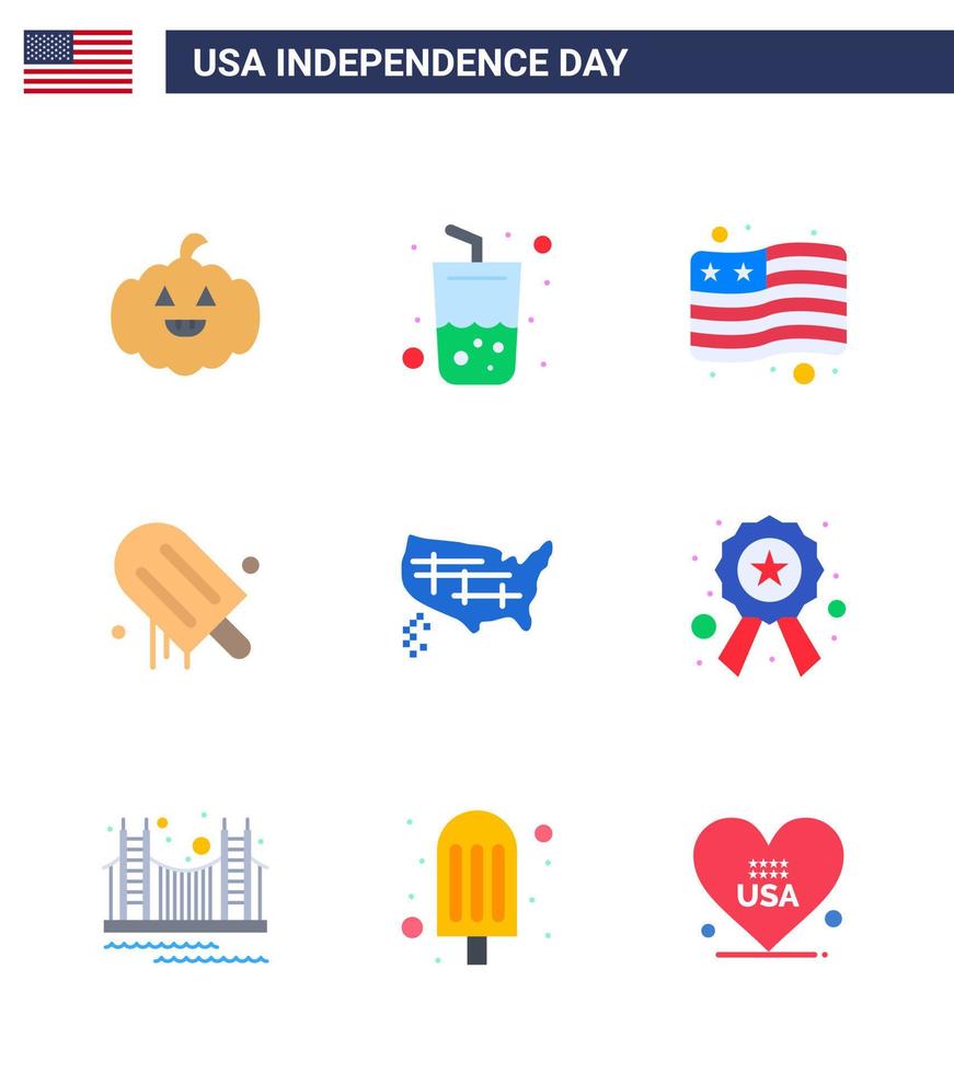 conjunto de 9 iconos del día de ee.uu. símbolos americanos signos del día de la independencia para los estados de ee.uu. mapa de la bandera elementos de diseño vectorial editables del día de ee.uu. vector