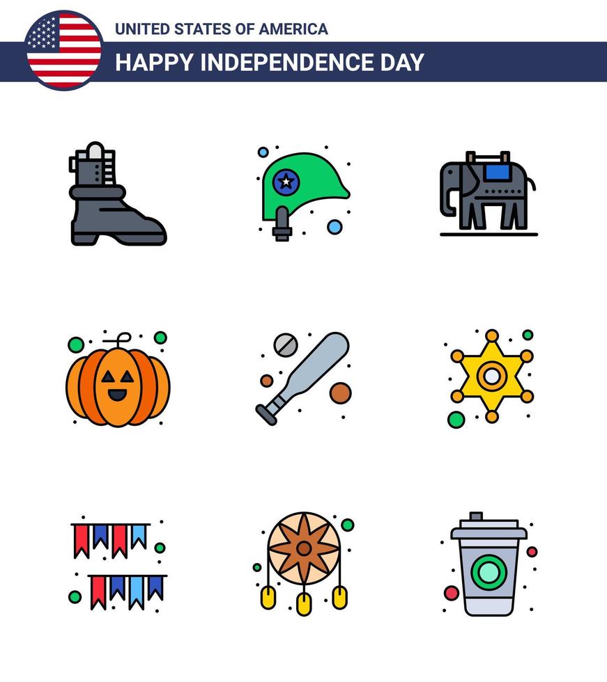 USA Happy Independence DayPictogram Set of 9 Simple Flat Filled Lines of police hardball american bat festival Editable USA Day Vector Design Elements