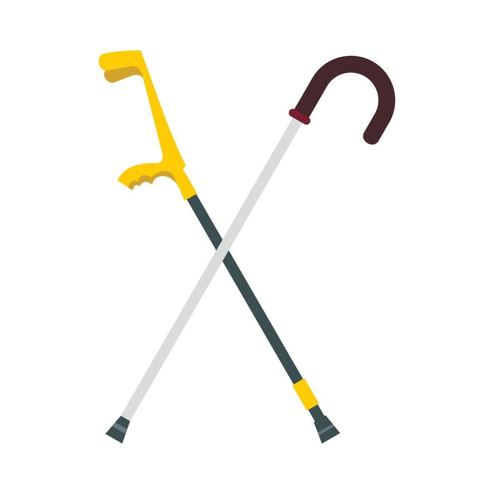 Walking cane and elbow crutche icon, flat style vector