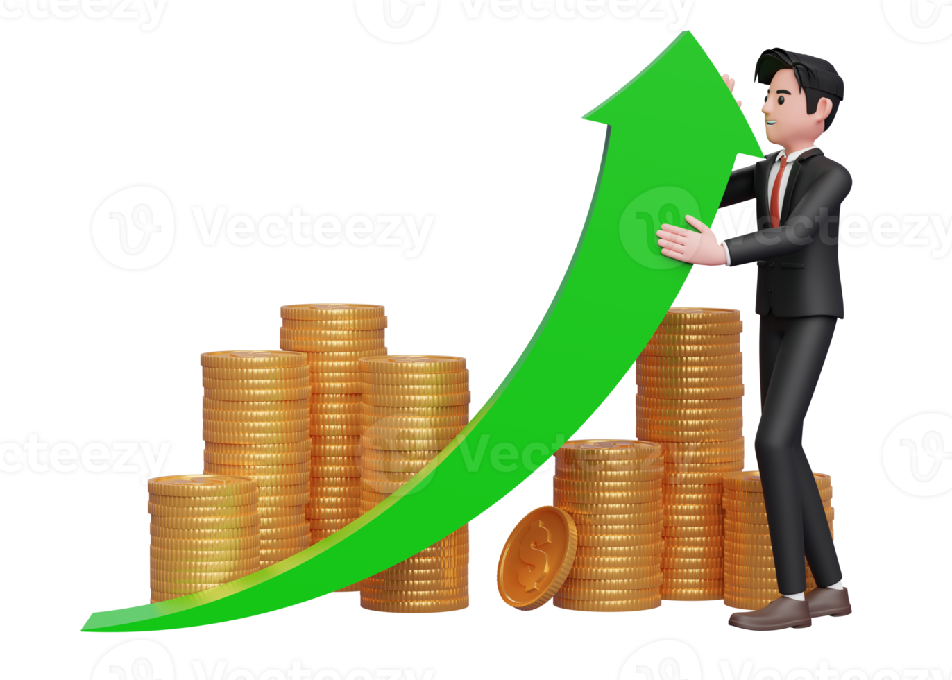 businessman in black formal suit trying to raise green arrow up, on gold coin pile ornament background, 3d rendering of business investment concept png