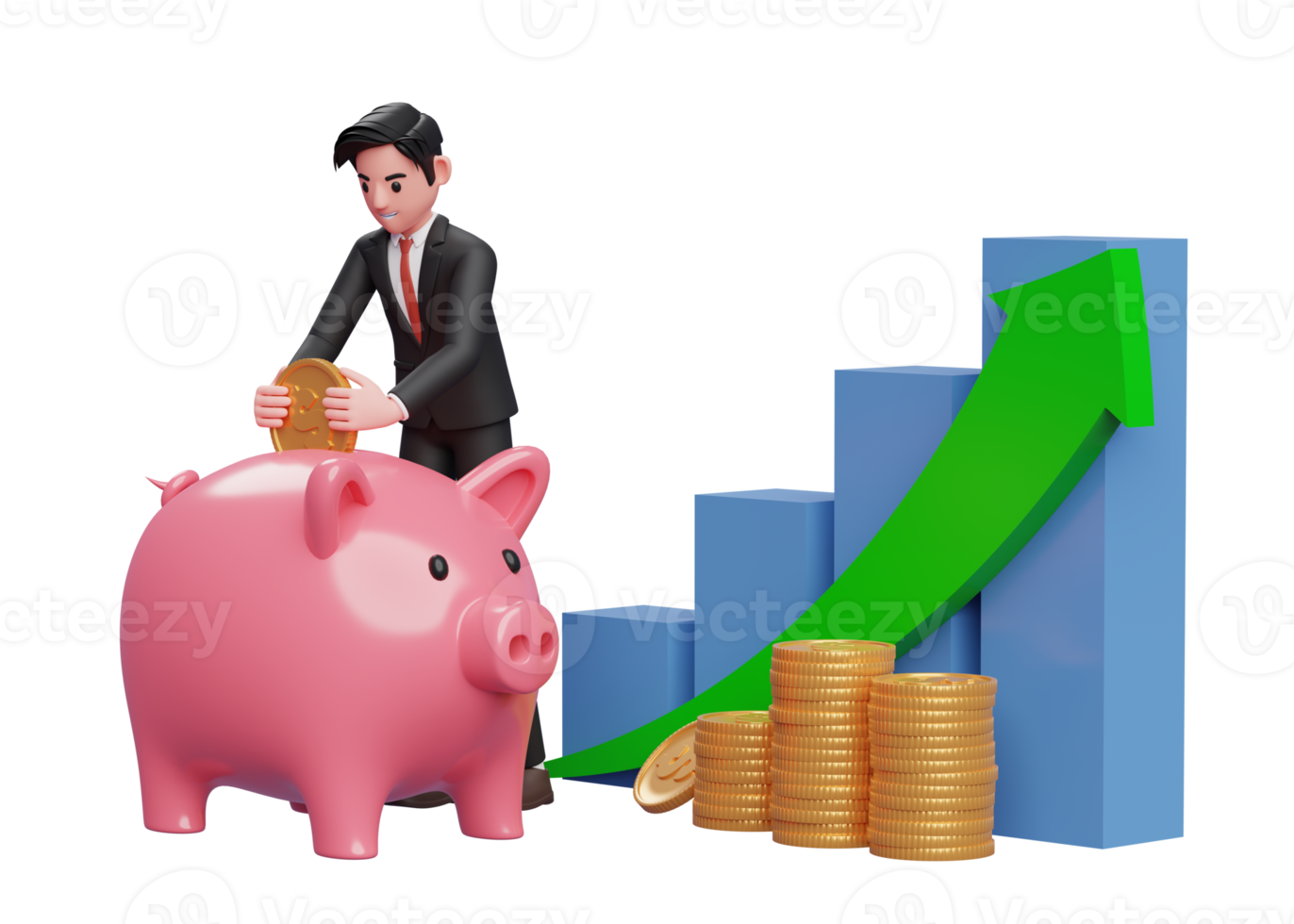 businessman in black formal suit saving gold coins into piggy bank with bar chart and green arrow up, 3d rendering of business investment concept png