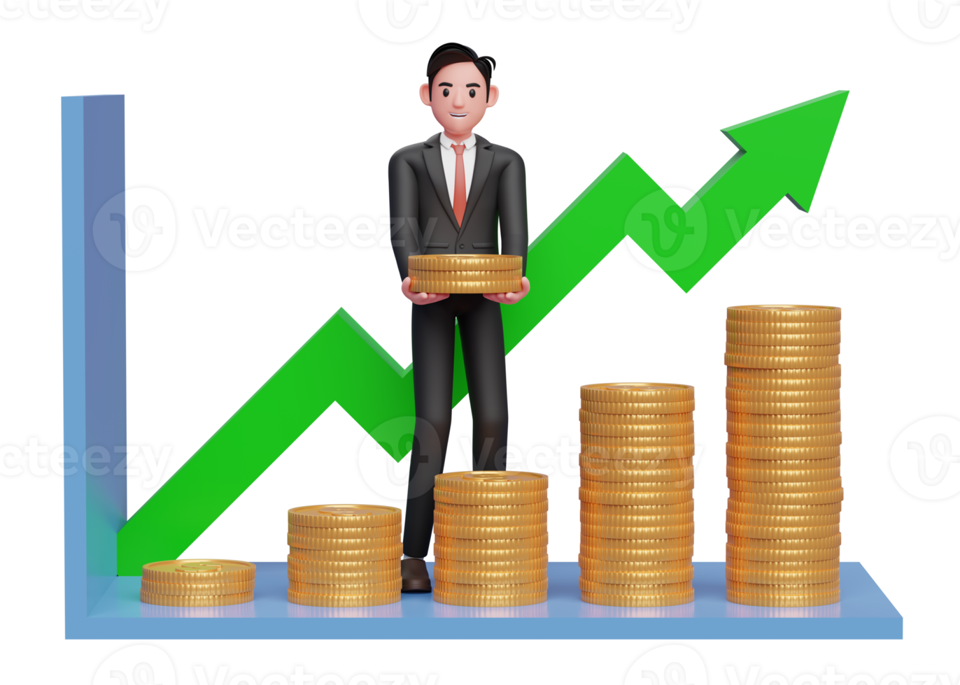 businessman in black formal suit making statistical bar chart with pile of gold coins, 3d rendering of business investment concept png