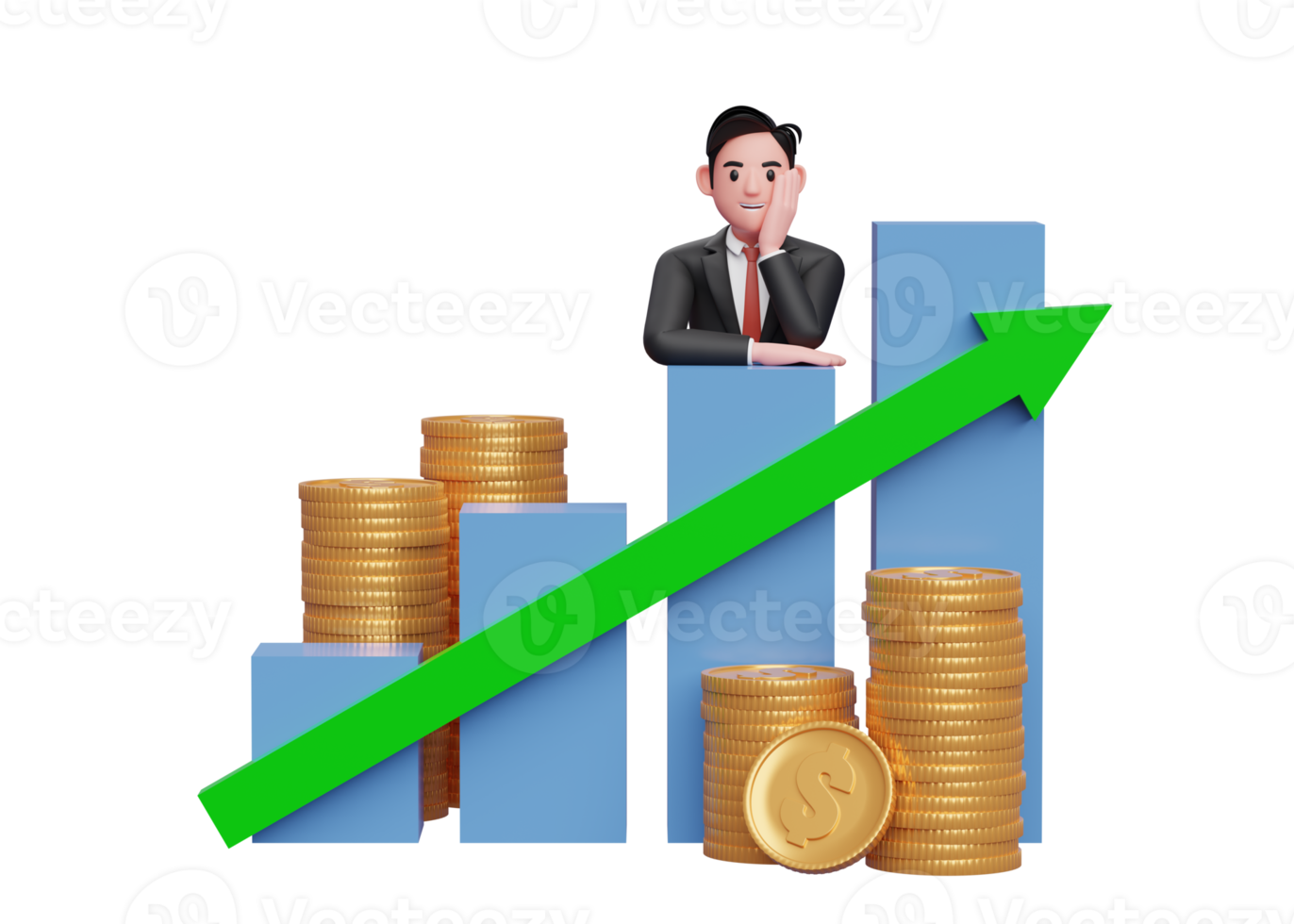 3d businessman in black formal suit putting her chin in hand while leaning on bar chart Stock growth with up graph statistics arrow png