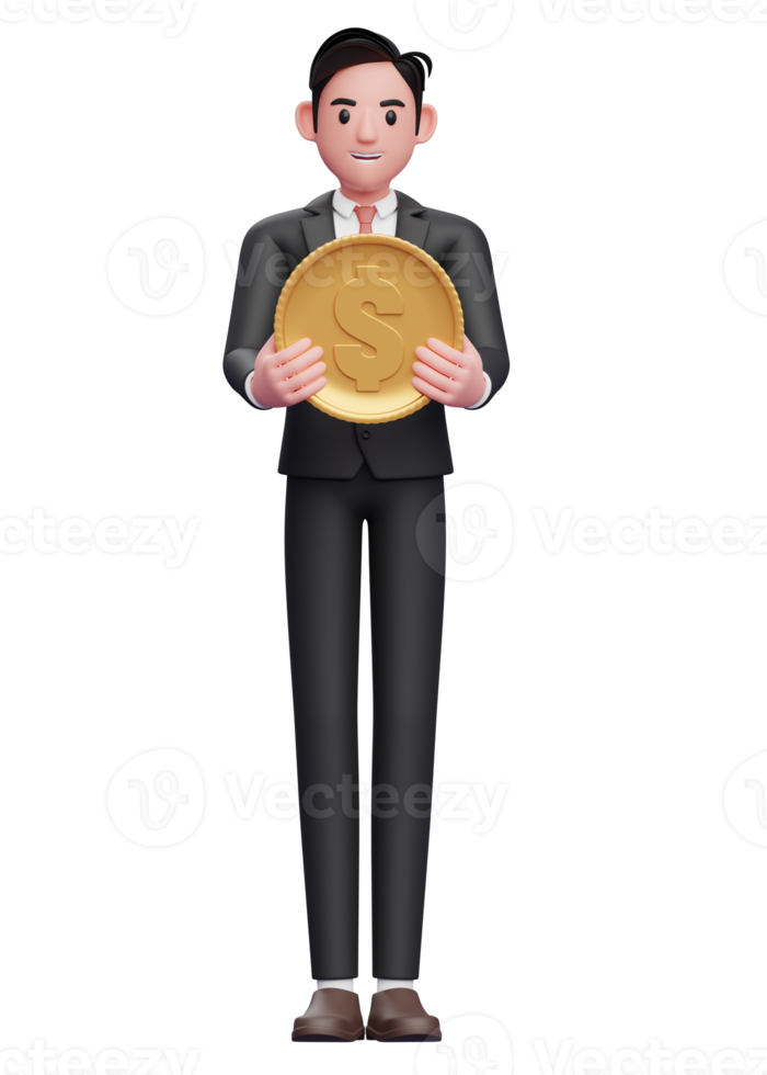 smart boy in black formal suit Holding Coin, 3d illustration of a businessman in black formal suit holding dollar coin png