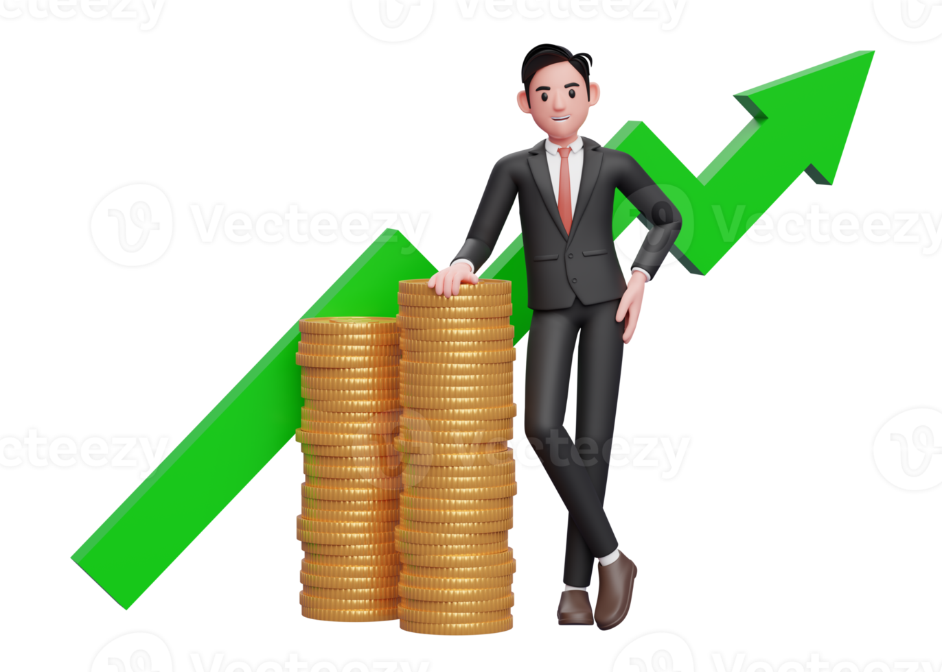 Geschäftsmann im schwarzen formellen Anzug, der sich auf einen Haufen Goldmünzen mit wachsendem Statistik-Ornament auf der Rückseite stützt, 3D-Darstellung des Geschäftsinvestitionskonzepts png