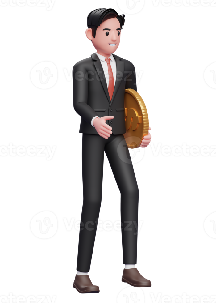 hombre de negocios con traje negro caminando mientras lleva monedas, ilustración 3d de un hombre de negocios con traje formal que sostiene una moneda en dólares png