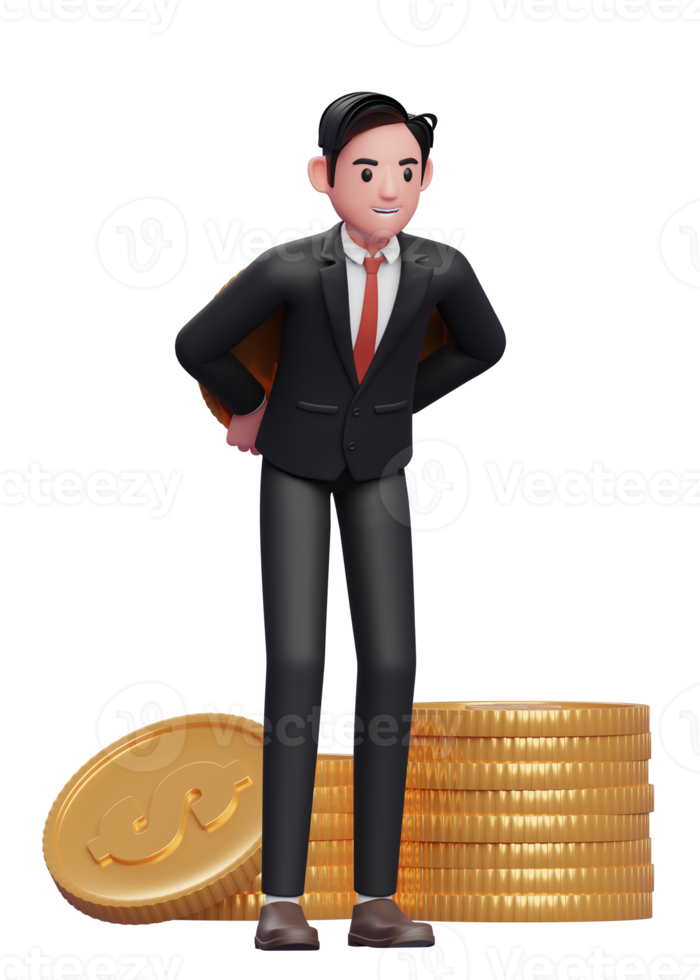 hombre de negocios con traje formal que lleva una moneda gigante en la espalda, ilustración en 3d de un hombre de negocios con traje formal que sostiene una moneda en dólares png