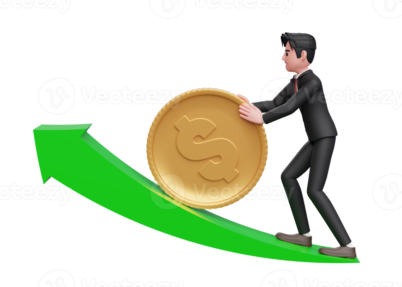 businessman in black formal suit pushing dollar gold coin up growing green arrow, 3d rendering of business investment concept png