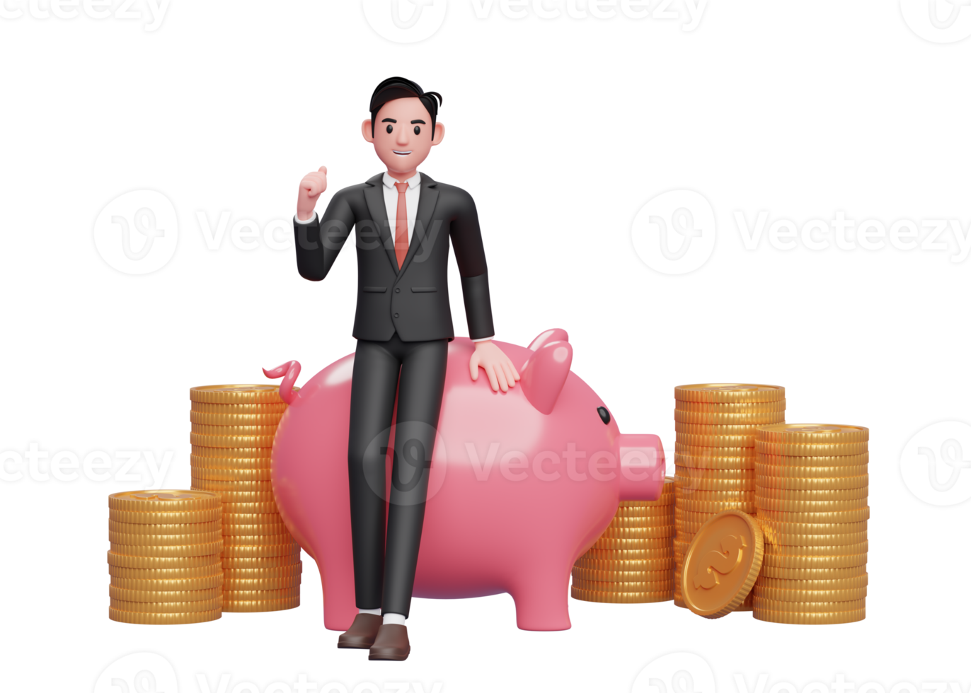 businessman in black formal suit sitting on pig piggy bank and celebrating clenching hands, 3d rendering of business investment concept png