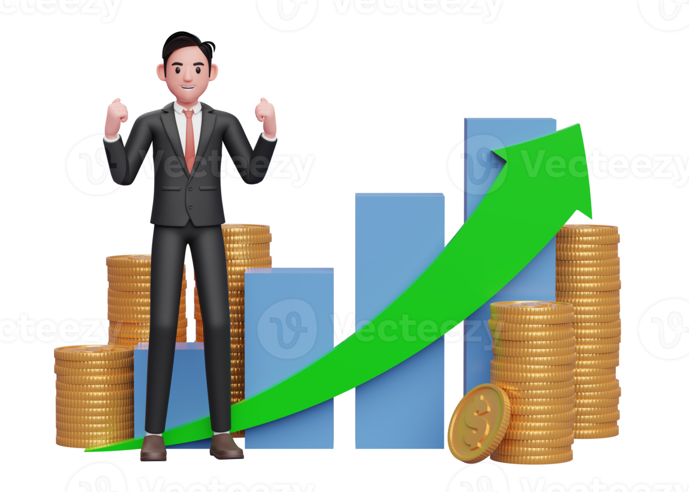 businessman in black formal suit celebrating with clenched fists in front of positive growing bar chart with coin ornament, 3d rendering of business investment concept png