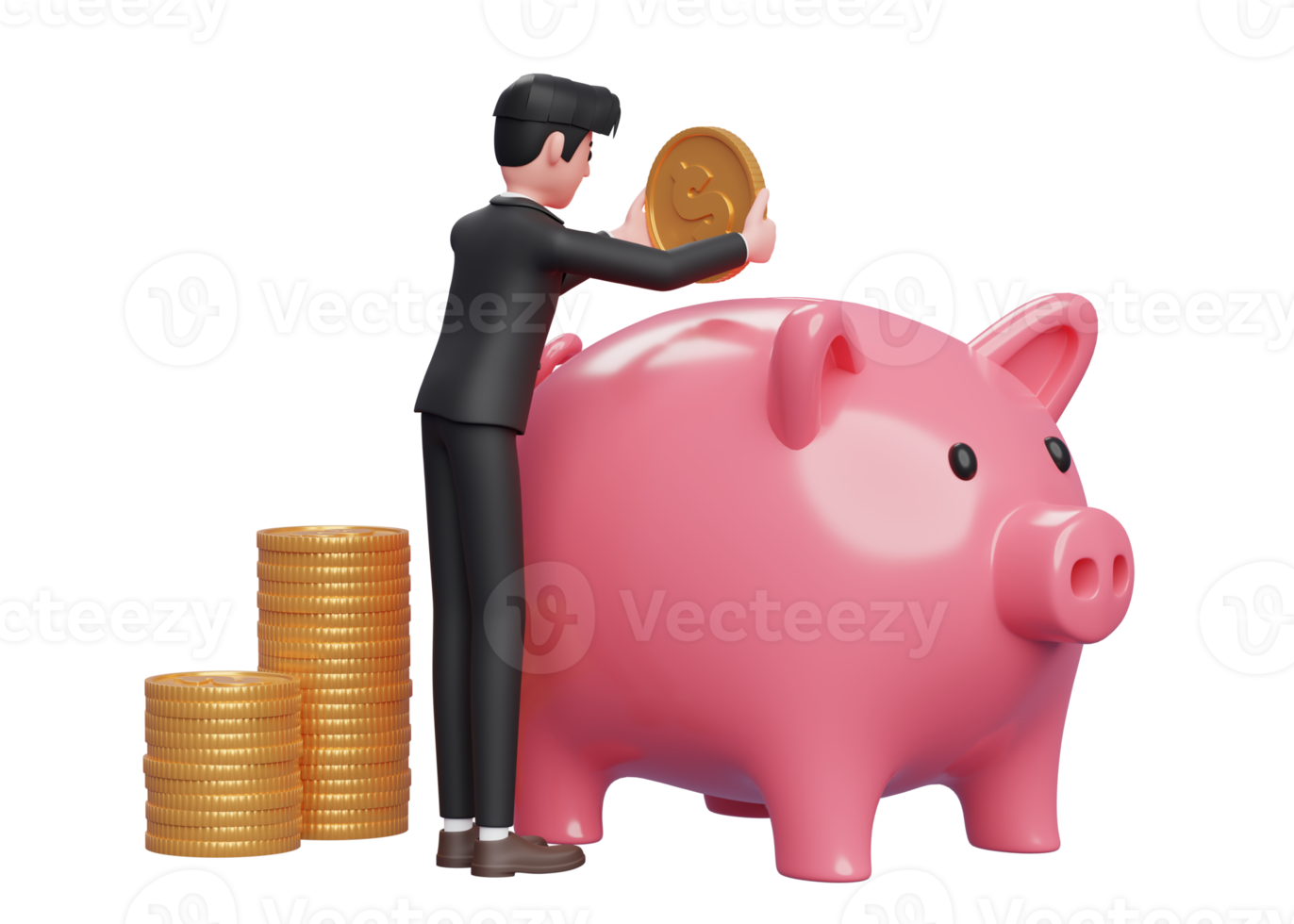 geschäftsmann im schwarzen formellen anzug hält sorgfältig goldmünzen im rosa sparschwein, 3d-rendering des geschäftsinvestitionskonzepts png
