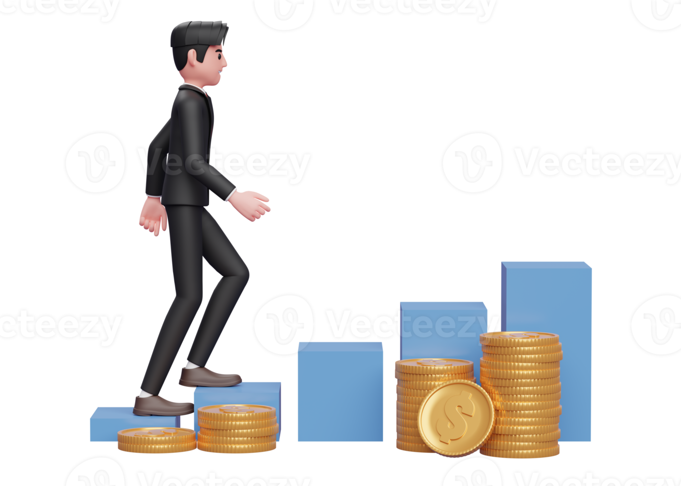 businessman in black formal suit walking on stock chart with gold coin pile ornament, 3d rendering of business investment concept png