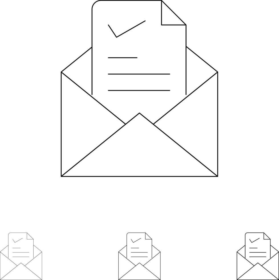 correo electrónico trabajo marque bien conjunto de iconos de línea negra en negrita y delgada vector